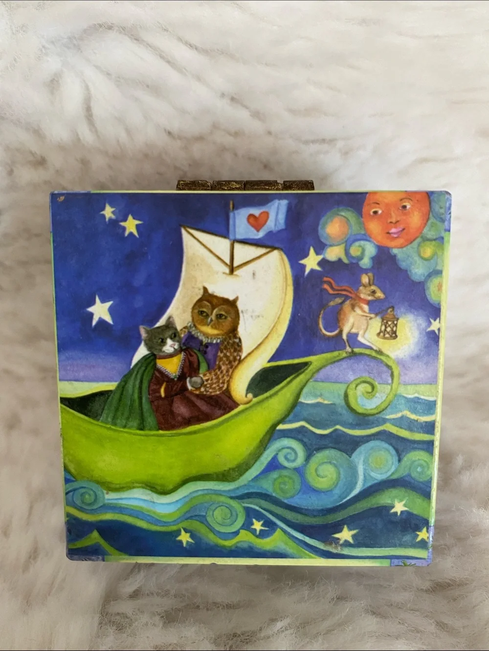 The Owl & the Pussycat Blue Tooth Fairy Jewelry Box with Brass Latch